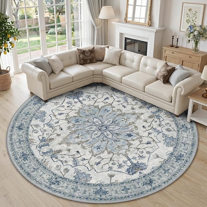 RELEANY Area Rugs Round 10ft Washable Non-Slip, Floral Vintage Distress Print Pattern Medallion Carpet for Living Room Bedroom Dining Room, Light Blue Navy Beige Gray White