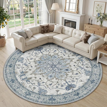 RELEANY Area Rugs Round 10ft Washable Non-Slip, Floral Vintage Distress Print Pattern Medallion Carpet for Living Room Bedroom Dining Room, Light Blue Navy Beige Gray White