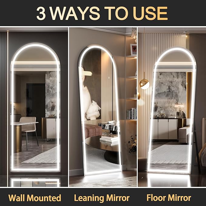 Hasipu 77" x 30" Led Mirror Full Length, Full Length Mirror with Lights Arch Design, Full Length led Mirror,Tempered Glass,Shatter-Proof, Dimming & 3 Color Modes for Bedroom Cloakroom-UL
