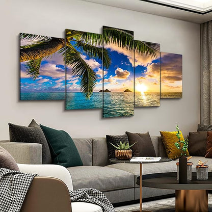 EPHANY Modern 5 Piece Framed Giclee Canvas Prints Art - Blue Beach Landscape Blue Paintings on Canvas Wall Art Wall Art Canvas Print Frame Picture Painting for Room Home Decorations