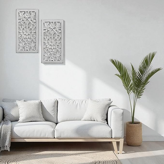 Wood Wall Art - Wall Panels in Handcrafted Carved Wood For Livingroom Bedroom,Dining room,Elegant Decorative Wall Art for Home & Office 8x16" Set of 2 White Antique_Flowers Designs