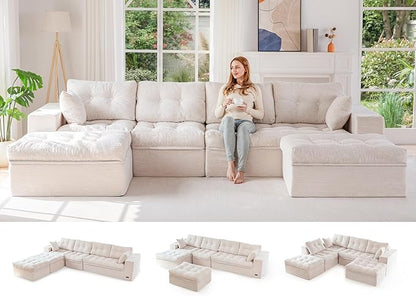 MAXYOYO 132" U Shaped Modular Sectional Sofa with 2 Ottomans, Cloud Boneless Couch with Layered Cushion, Flexible Module Combination Sofa for Living Room, No Assembly Required, Beige