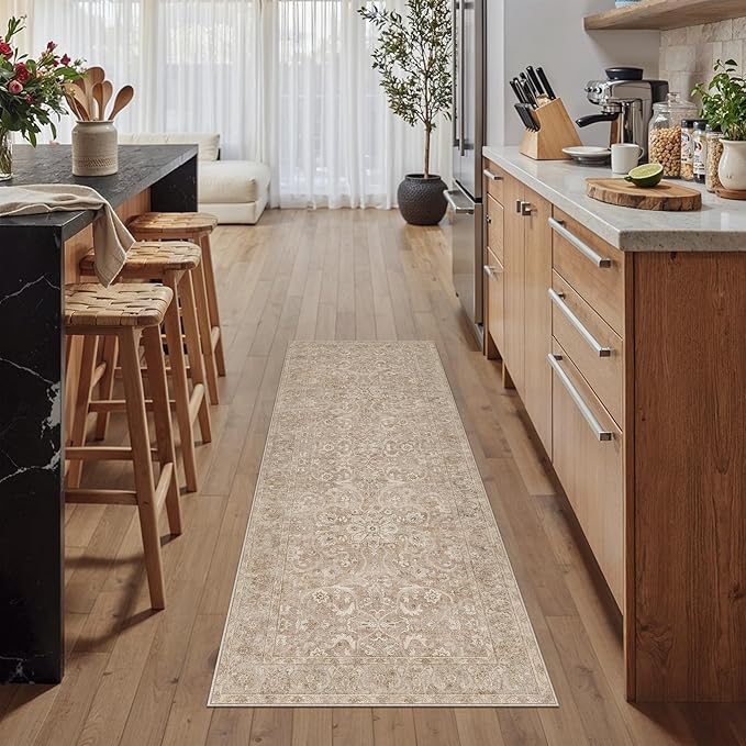 PureCozy Brown 2x6 Runner Rug Hallway Washable Vintage Carpet Kitchen Long Small Indoor Non Slip Soft Low Pile Thin Stain Resistant Distressed Accent Throw Rug for Bedroom Laundry Office Living Room