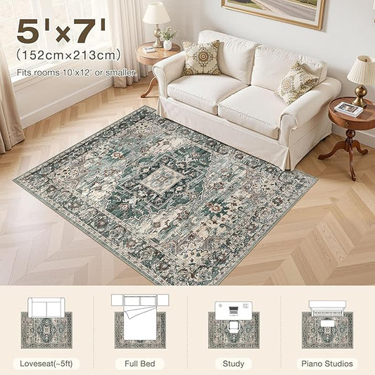 5x7 Washable Area Rugs for Living Room: Non Slip Vintage Green Rug, Large Soft Stain Resistant Indoor Floor Carpets for Bedroom Dining Room Nursery Home Office Kid & Pet Friendly