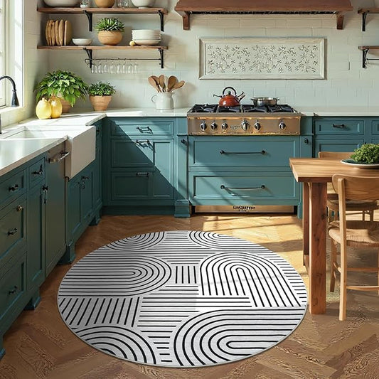 Washable Rug 4ft Area Rugs for Living Room, Abstract Rug for Bedroom, Soft Rainbow Non Slip Throw Rugs with Rubber Back, Low Pile Stain Resistant Boho Geometric Carpet for Dining Room,Blackwhite