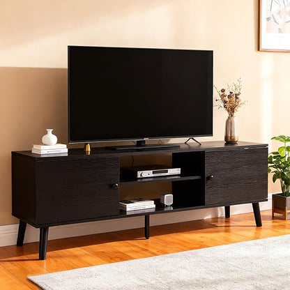 PayLessHere TV Stand for 55/60 Inch TVs,Modern Media Console with 2 Storage Cabinets and Open Shelves,Entertainment Center for Living Room, Bedroom,Black