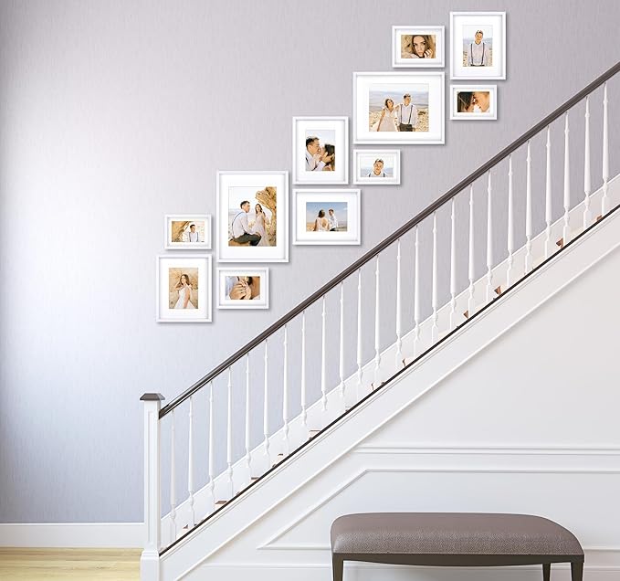 VELISTA 11 Piece Stair Picture Frame Set for Wall – Shadow Box Stairwell Gallery Wall Frame Set -Stairway Décor for Walls - Ladder Picture Frames 4x6, 5x7, and 8x10 in - Staircase Wall Décor (White)