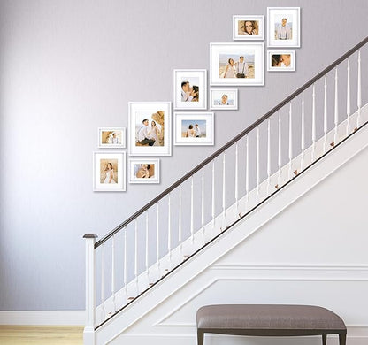 VELISTA 11 Piece Stair Picture Frame Set for Wall – Shadow Box Stairwell Gallery Wall Frame Set -Stairway Décor for Walls - Ladder Picture Frames 4x6, 5x7, and 8x10 in - Staircase Wall Décor (White)