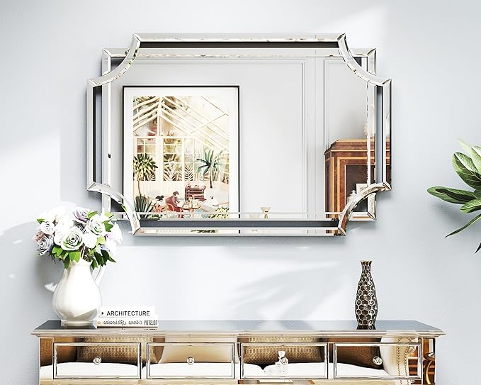 Chende Scalloped Large Wall Mirror, 28" x 40" Bathroom Mirror with Beveled Edge and Glass Pieces, Wall Decor for Living Room, Entryway, Fireplace, Dining Room, Hallway, Horizontal/Vertical Mirror