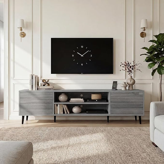YESHOMY Mid-Century Modern TV Stand for 65-70 Inch TVs, 63 Inch Entertainment Center with Storage, Media Console with Push-to-Open Doors and Cable Management for Living Room, Bedroom(Light Gray)