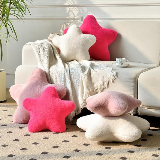 Star Pillow, Decorative Throw Pillows for Bed Couch, 15" Star Shaped Pillow Plush Floor Cushions Room Decor Pillow with Soft Faux Rabbit Fur for Sofa Bedroom Living Room