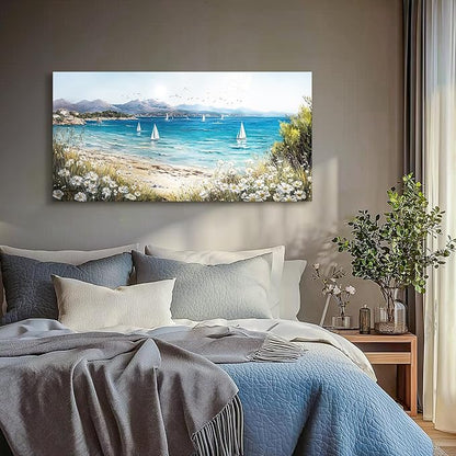 SERIMINO Coastal Landscape Large Wall Art, Beach Daisy Canvas Art Prints, Bay Sailboat Artwork for Walls, Nature Ocean Scenery Paintings Wall Decor Living Room Bedroom, Rustic Home Decor 24"X48"