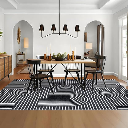 ROYHOME Washable Rug 5x7 Area Rugs for Living Room, Abstract Rug for Bedroom, Soft Rainbow Non Slip Throw Rugs with Rubber Back, Low Pile Stain Resistant Boho Geometric Carpet for Dining Room, Black