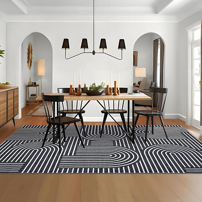 ROYHOME Washable Rug 8x10 Area Rugs for Living Room, Abstract Rug for Bedroom, Soft Rainbow Non Slip Throw Rugs with Rubber Back, Low Pile Stain Resistant Boho Geometric Carpet for Dining Room, Black