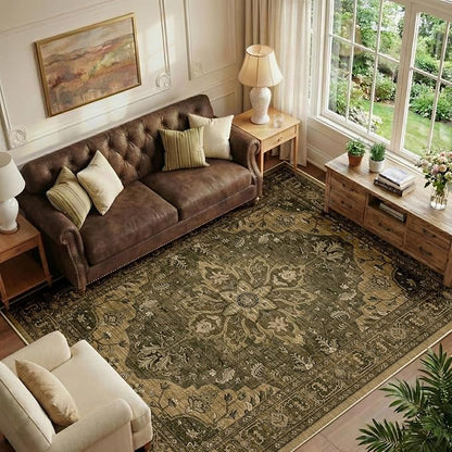 RELEANY Area Rugs 6'x9' Washable Non-Slip, Floral Vintage Distress Print Pattern Medallion Carpet for Living Room Bedroom Dining Room, Brown Dark Brown