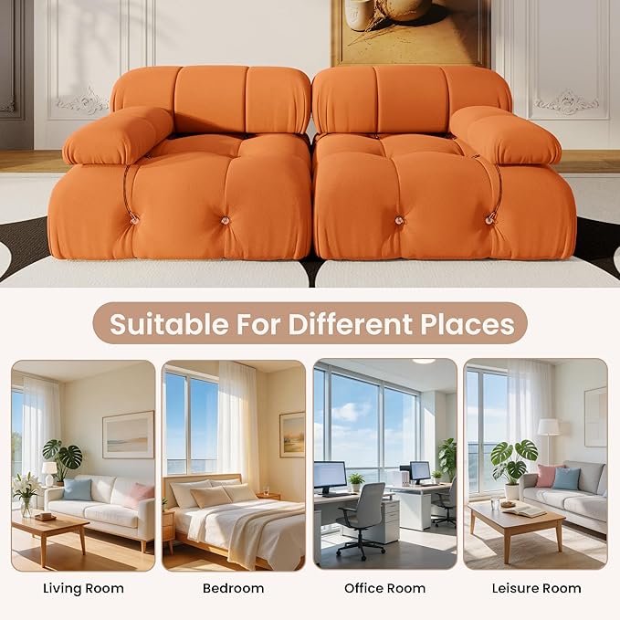 69'' Modular Sectional Sofa, Modern Luxury Velvet Loveseat Sofa, Minimalist Bubble Couch, Deep Seat Cloud Sectional Couches for Living Room, Apartment (2 Seats, Orange)