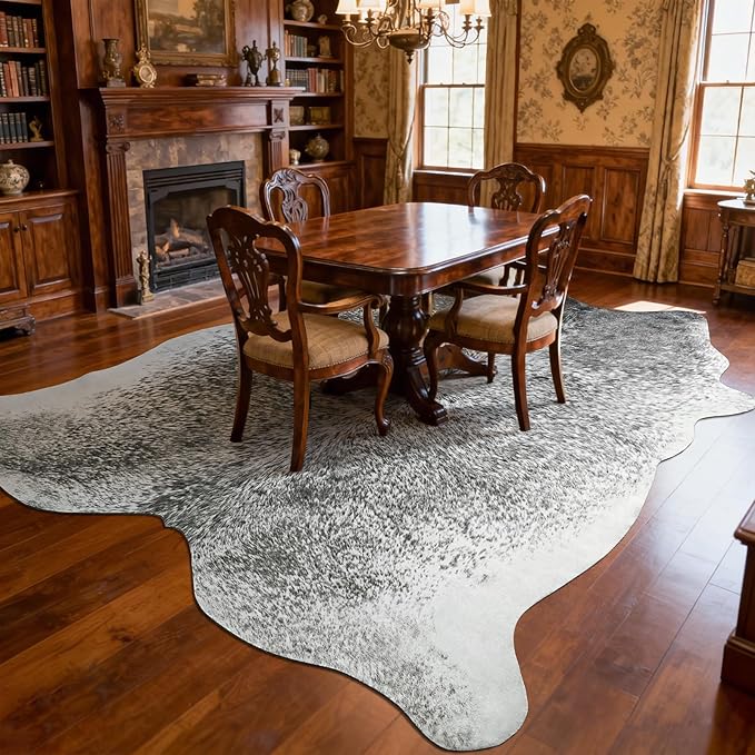 Cowhide Rug for Living Room, Washable Cow Hide Rug, Large Faux Animal Skin Rugs, Non-Slip Cow Print Area Rugs, 8x10Ft Large Cowhide Rugs for Bedroom Office Kitchen Fireplace, Grey