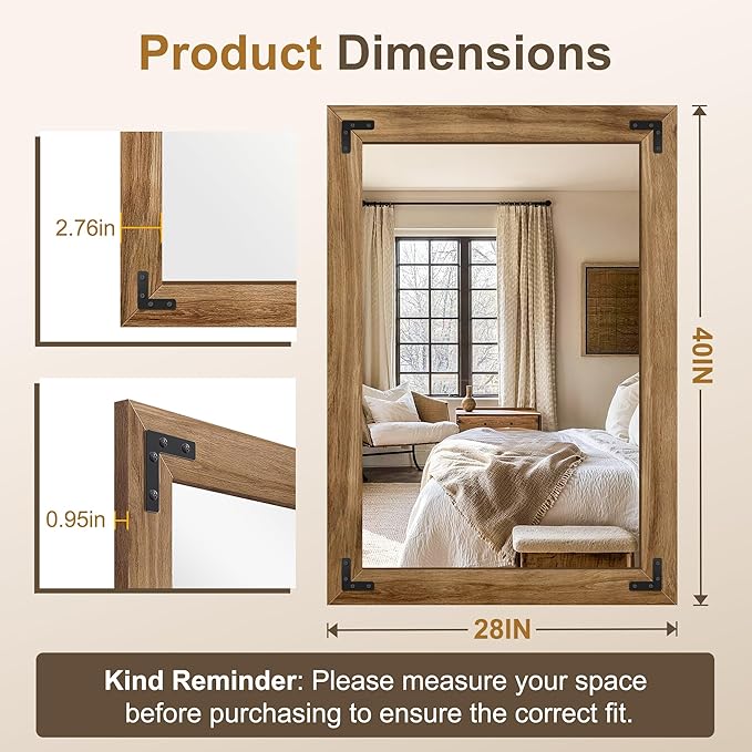 AMOISE Farmhouse Bathroom Vanity Mirror, 40" x 28" Wood Frame Wall Mirror, Vintage Rustic Decor for Entryway, Bedroom, Living Room, Vertical or Horizontal Hanging
