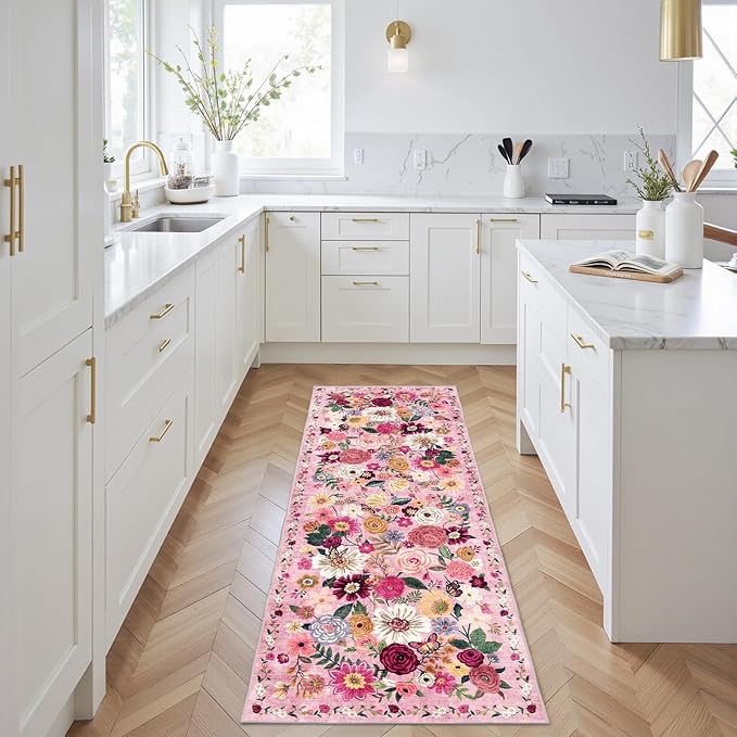 Pink Rug for Hallways Kitchen Rug 2x6, Non Slip Washable Rugs with Rubber Backing Soft Floral Carpet Runner for Hallways, Kitchen, Laundry, Bedroom, Bathroom