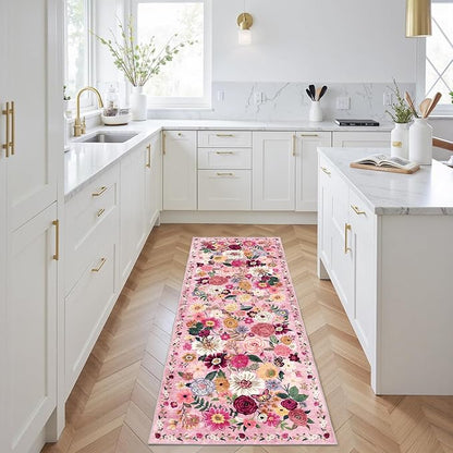 Pink Rug for Hallways Kitchen Rug 2x6, Non Slip Washable Rugs with Rubber Backing Soft Floral Carpet Runner for Hallways, Kitchen, Laundry, Bedroom, Bathroom