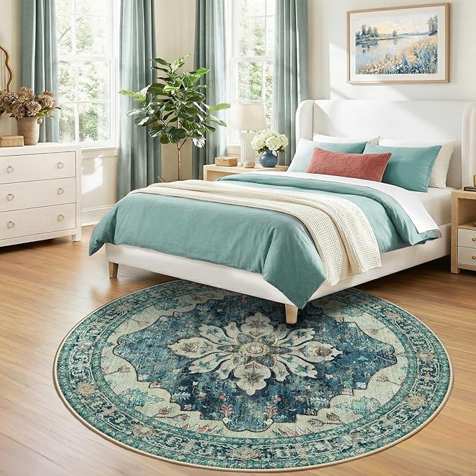 RELEANY Area Rugs Round 7ft Washable Non-Slip, Floral Vintage Distress Print Pattern Medallion Carpet for Living Room Bedroom Dining Room, Dark Blue Vintage