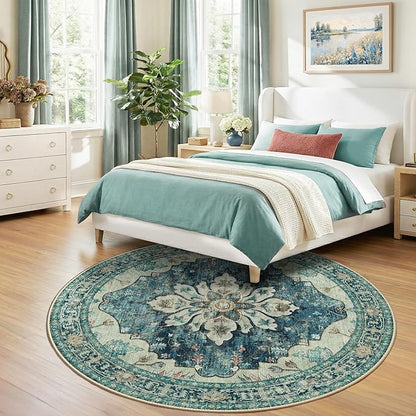 RELEANY Area Rugs Round 7ft Washable Non-Slip, Floral Vintage Distress Print Pattern Medallion Carpet for Living Room Bedroom Dining Room, Dark Blue Vintage