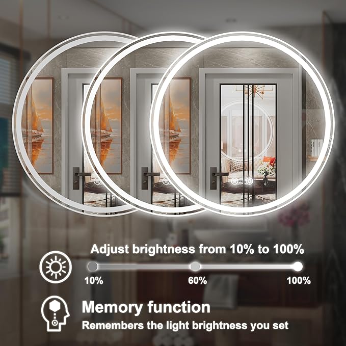 32 Inch Round LED Bathroom Mirror with Anti-Fog, Dimmable Front & Backlit Lights, 6000K Daylight, Frameless, 5mm HD Glass, Memory Function, Touch Control