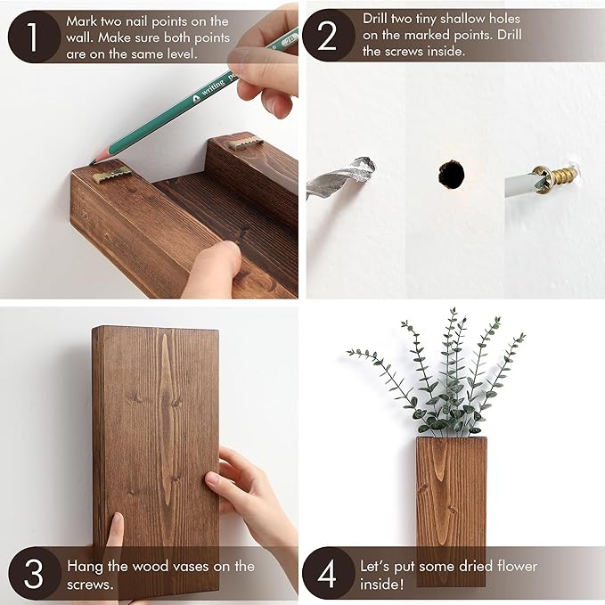 Wood Wall Planter Set of 2, Wood Wall Pocket for Greenery and Dried Flowers, Indoor Wood Hanging Vase, Modern Farmhouse Wall Decor for Living Room Bedroom Office Eucalyptus Stems Decorations (Grey)