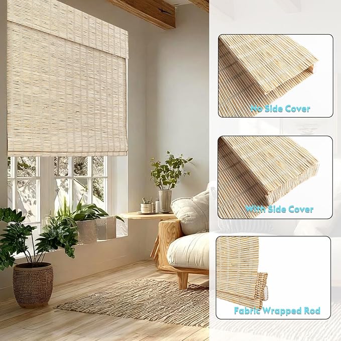 Motorized Bamboo Roman Shades, Motorized Blinds with Remote Compatible with Homekit, Alexa GoogleHome, Smart Wood Woven Shades for Indoor Windows, Customize, Tidebeam