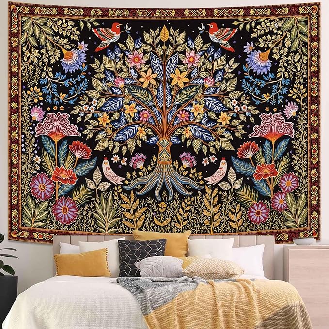 Lunerfex Tree of Life Wall Tapestry - Vibrant Folk Art & Botanical Wall Hanging for Bedroom and Living Room Decor - Boho Nature Tapestries 90"x70"