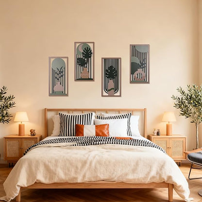 suruim Boho Wall Art Set of 4, Abstract Geometric Wooden Wall Decor, Mid-Century Modern Aesthetic Artwork with Arch, Vase & Botanical Design for Modern Home Decor for Bedroom, Office & Living Room(D)