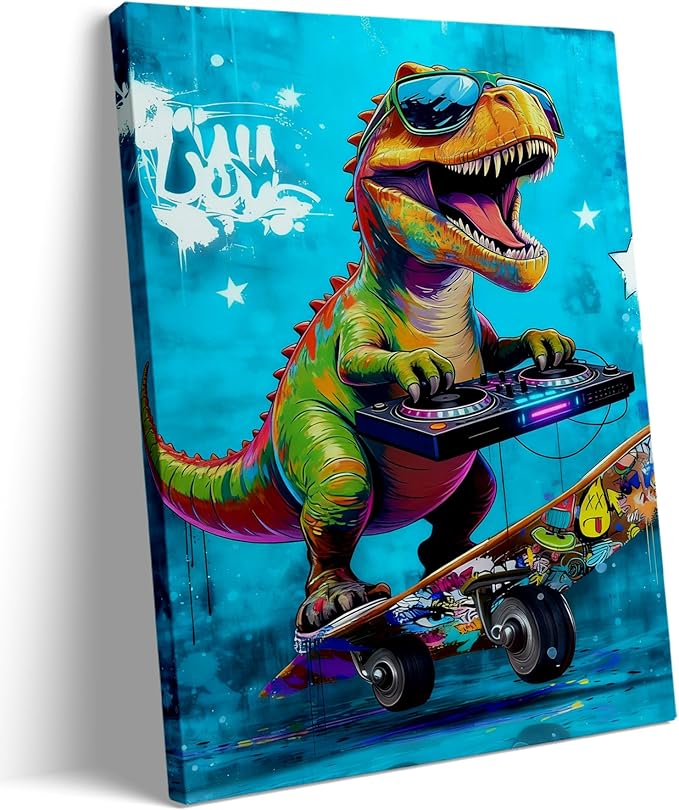 12x16 Graffiti Blue Skateboard T-Rex Dinosaur Canvas Wall Art Prints, Framed Watercolor Animal Pop Cool Painting, Funny Kids & Teen Boy Bedroom Decor, Home Bathroom Living Room Wall Poster Gift