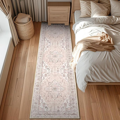 BESTSWEETIE 2x8 Area Rug Washable Rugs for Living Room, No Pile Boho Carpet for Entryway Bedroom Dinning Room, Vintage Carpet Print Distressed Non-Slip, 2 x 8 ft, Pink Beige Grey