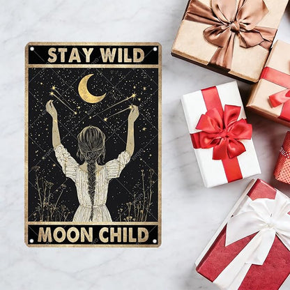 Moon Girl Wall Decor Stay Wild Moon Child Metal Tin Sign Retro Wall Decor for Bathroom Living Room Coffee Bar 16x12 Inch