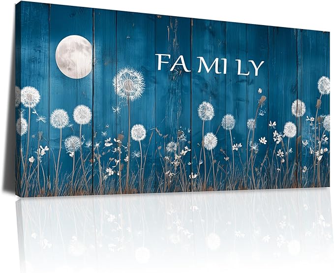BQVCT Blue Dandelion and Moon Wall Art 20x40 Inch Large Gallery Wrapped Canvas Print Floral Botanical Decor on Rustic Wood Texture Ready to Hang for Living Room Bedroom