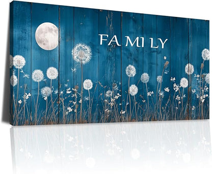 BQVCT Blue Dandelion and Moon Wall Art 20x40 Inch Large Gallery Wrapped Canvas Print Floral Botanical Decor on Rustic Wood Texture Ready to Hang for Living Room Bedroom