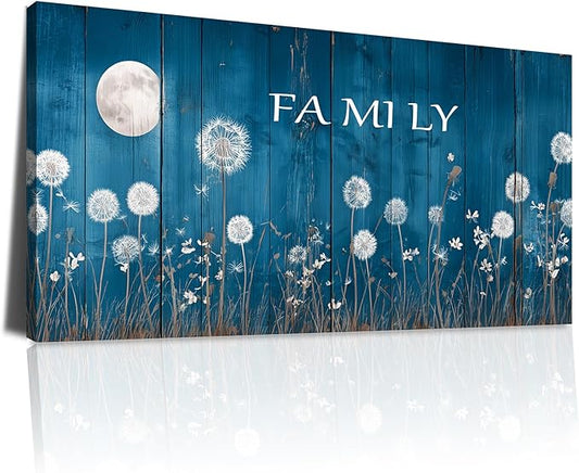 BQVCT Blue Dandelion and Moon Wall Art 20x40 Inch Large Gallery Wrapped Canvas Print Floral Botanical Decor on Rustic Wood Texture Ready to Hang for Living Room Bedroom