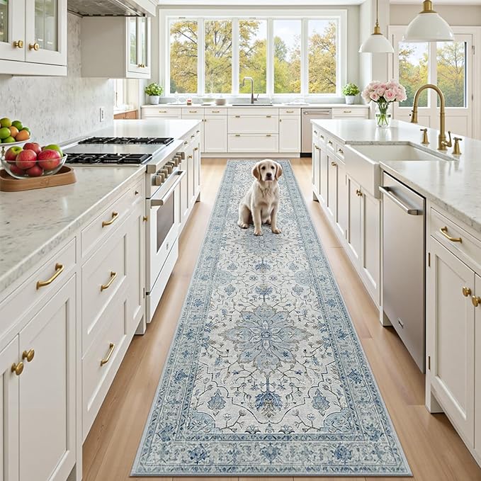 RELEANY Area Rugs 2'x9' Runner Rug Non Slip Washable for Kitchen Hallway Bedroom Beside Laundry Room Bathroom Rug, Floor Carpet, Light Blue Navy Beige Gray White