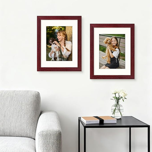 Picrit 8.5x11 Picture Frame Set of 12, Display 6x8 with Mat or 8.5 x 11 without Mat, Photo Frames for Wall Mounting or Table Top Display, Dark Red Wood