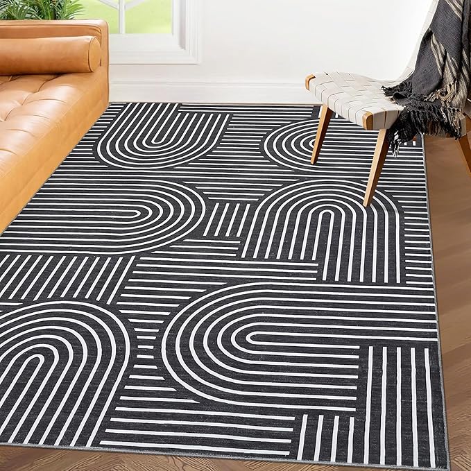ROYHOME Washable Rug 3x5 Area Rugs for Living Room, Abstract Rug for Bedroom, Soft Rainbow Non Slip Throw Rugs with Rubber Back, Low Pile Stain Resistant Boho Geometric Carpet for Dining Room, Black