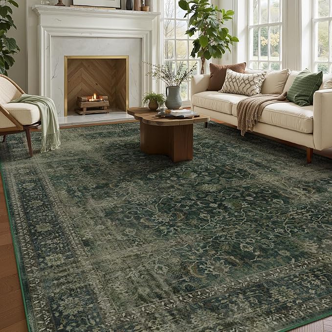 Dark Green 8x10 Rugs for Living Room, Vintage Distressed Large Rug for Bedroom Under Bed, Washable Non Slip Low Pile Moody Earth Tone Carpet Rugs for Dining Room Home Office