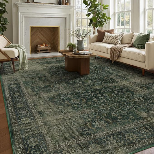 Dark Green 9x12 Large Area Rug for Living Room, Washable Low Pile Rug for Dining Room Under Table, Non Slip Thin Big Carpet Rugs for Bedroom, Moody Green with Brown Accents