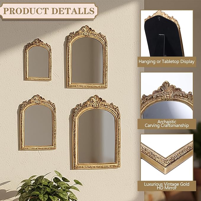 Thyle 4 Pcs Vintage Mirror Set Gold Antique Makeup Mirror Arch Retro Resin Baroque Decorative Wall Square Hanging Desk Tabletop Room Bedroom Bathroom Gallery (13x9 10x7 8x5 7x4)(Light Color)