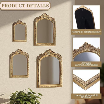 Thyle 4 Pcs Vintage Mirror Set Gold Antique Makeup Mirror Arch Retro Resin Baroque Decorative Wall Square Hanging Desk Tabletop Room Bedroom Bathroom Gallery (13x9 10x7 8x5 7x4)(Light Color)