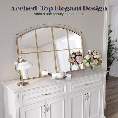 42" x 28" Arched Gold Windowpane Wall Mirror, Grid Wide Brass Window Mirror with Antique Framhouse Style, Large Antique Mirrors for Living Room, Bedroom, Fireplace, Hallway, Entryway