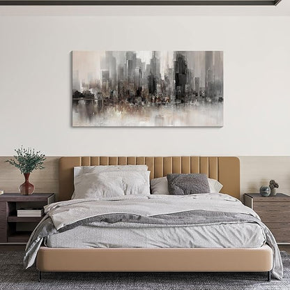 Nyc Skyline Painting Wall Art Grey Buildings Picture for Living Room Modern Home Bedroom Decoration Black and White and Brown Framed Artwork Decor 20X40