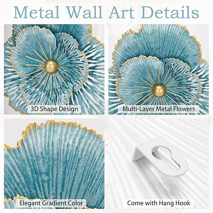 DILATATA 3 Pcs Metal Flower Wall Art Set 10 Inch Rustic Modern Floral Sculpture 3D Metal Flower Wall Hanging Accent for Indoor Living Room Bedroom Kitchen Bathroom Garden Patio Decor - Blue