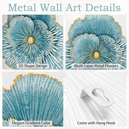 DILATATA 3 Pcs Metal Flower Wall Art Set 10 Inch Rustic Modern Floral Sculpture 3D Metal Flower Wall Hanging Accent for Indoor Living Room Bedroom Kitchen Bathroom Garden Patio Decor - Blue