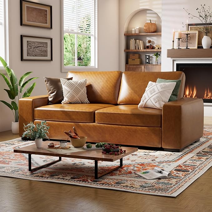 ELUCHANG 85" Faux Leather Sofa Couches, 3 Seater Mid-Century Modern Sofa with Extra Deep Seats, Upholstered Cushion&Removable Cover, Comfy Couch for Small Space Living Room Apartment, Brown
