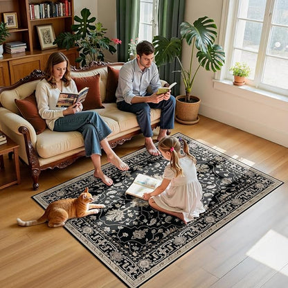 RELEANY Area Rugs 4'x6' Washable Non-Slip, Floral Vintage Distress Print Pattern Medallion Carpet for Living Room Bedroom Dining Room, Black Brown Neutral Dark Tan